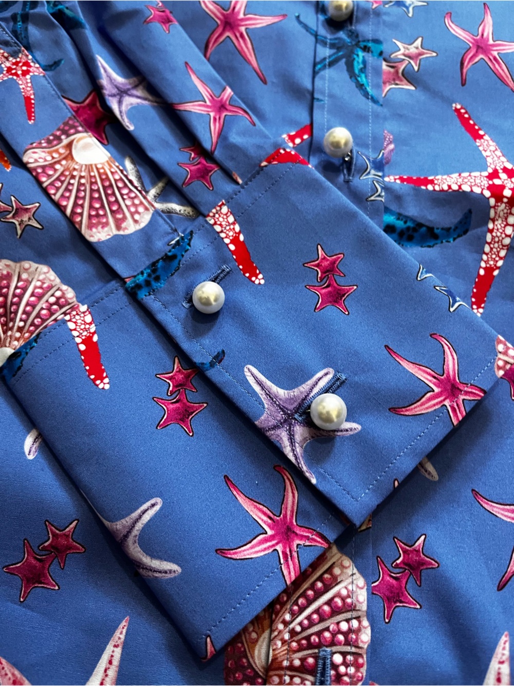 $275 HINSON WU LARISSA Long Sleeve Blue Starfish Print Button-Up Blouse Tunic L - Picture 9 of 13